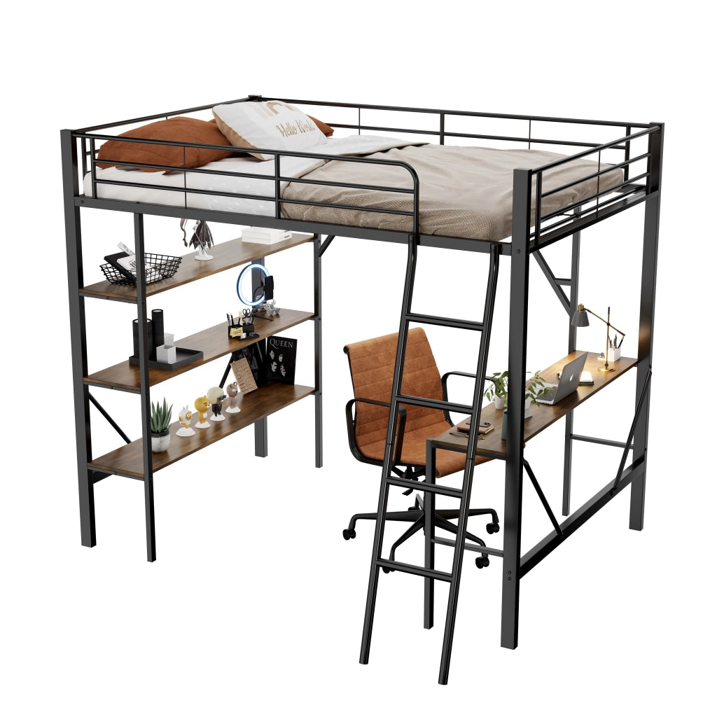 Letto a soppalco 90x200 cm con scrivania e 3 ripiani; struttura in metallo e MDF; nero