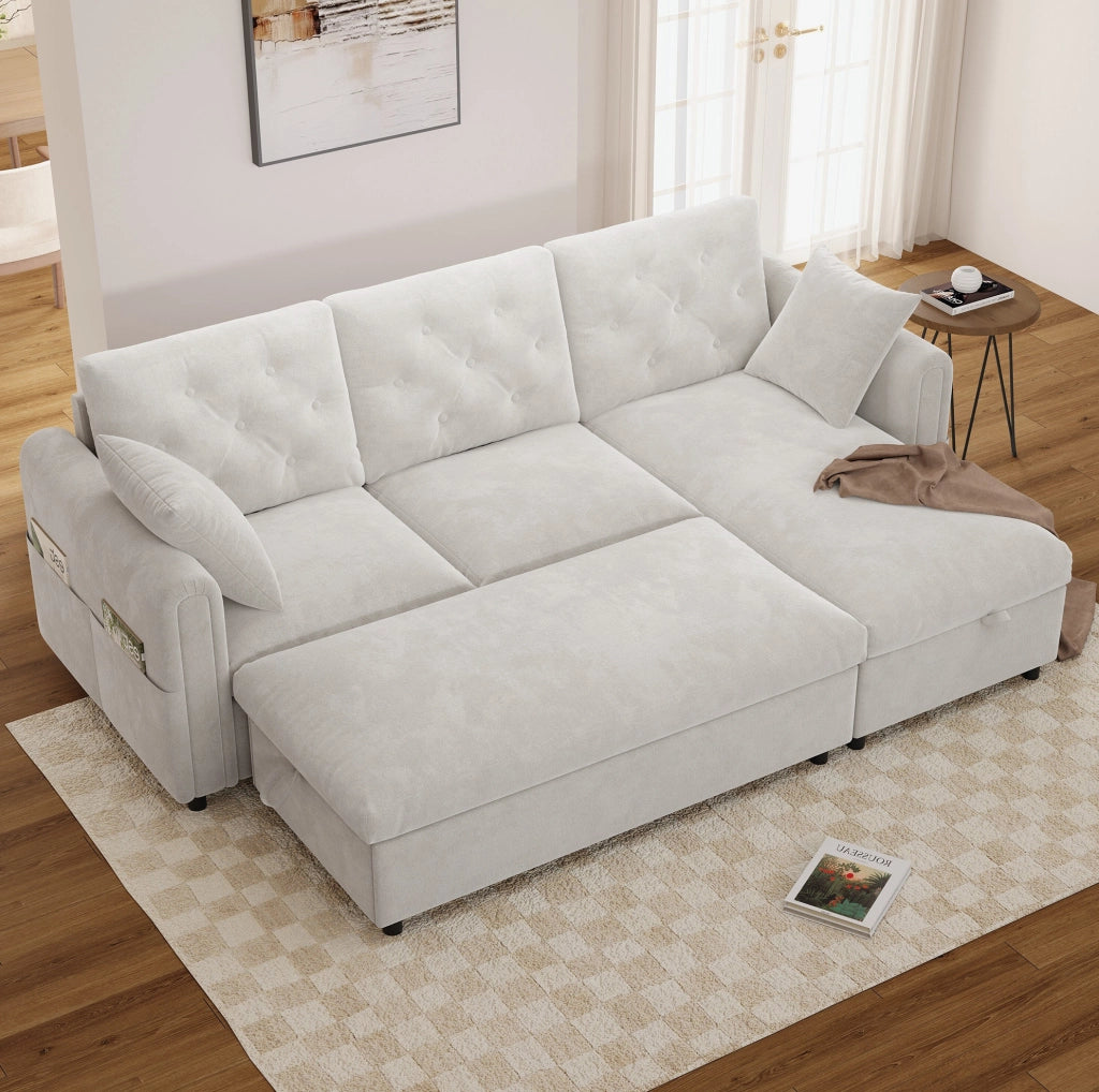 Divano moderno beige con chaise longue reversibile e pouf contenitore, 219 x 131 x 86 cm