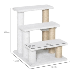 Scaletta per Gatti a 3 Gradini con Tiragraffi in Juta e Peluche; per Animali fino a 5 kg; Bianco; 45x40x48 cm