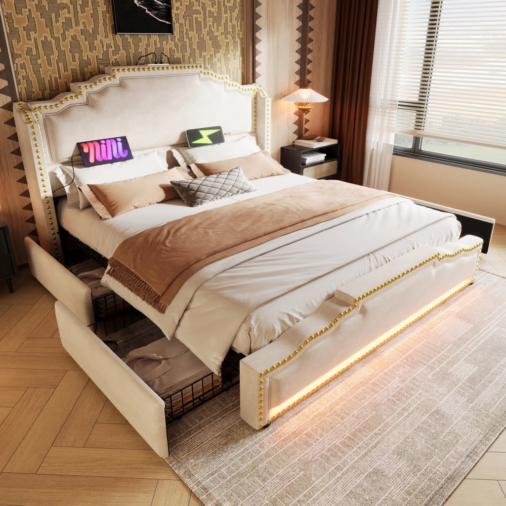 Letto con cassetti 160 × 200 cm con LED USB e Type-C rivestito in velluto beige