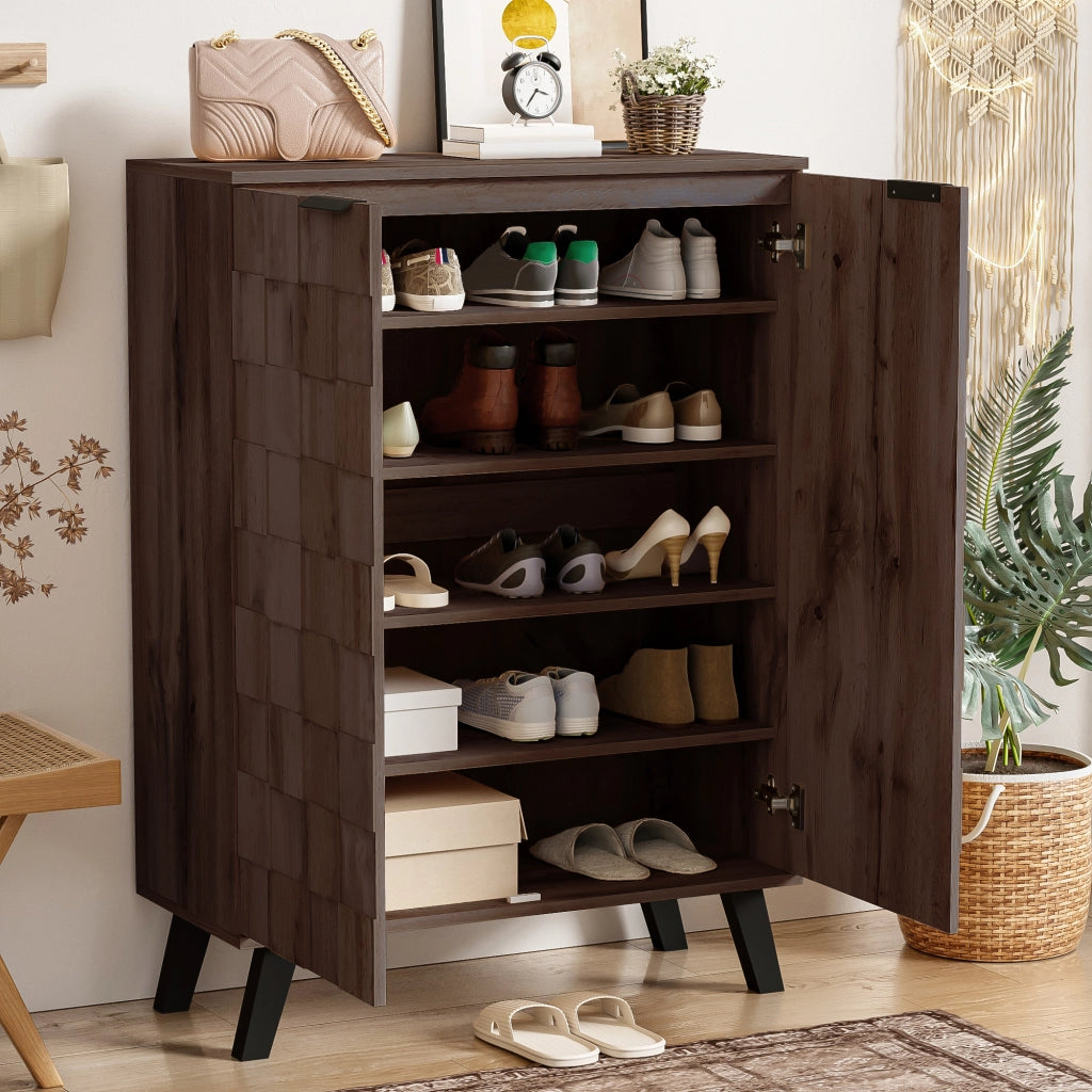 Scarpiera con 4 ripiani regolabili e 5 livelli, ante ammortizzate, per ingresso, legno scuro, 80 × 35,5 × 110 cm