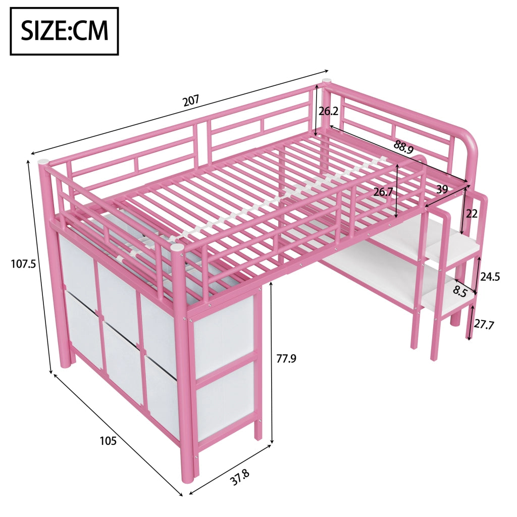 Letto a soppalco basso per bambini 90x200 cm con scala larga; cassetti e ripiani; metallo rosa