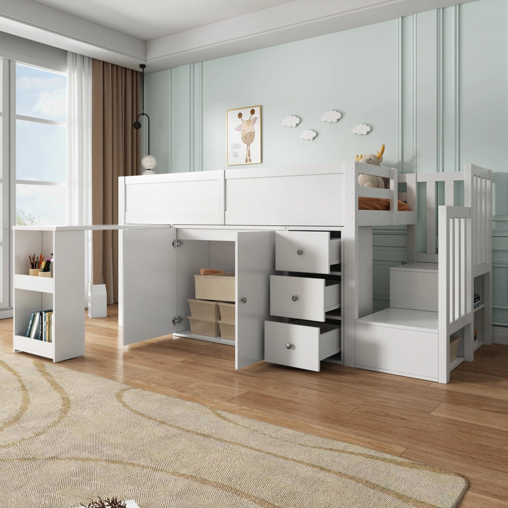 Letto a soppalco 90 ¡Á 200 cm con scrivania scala contenitore armadio cassetti e barriera in legno e MDF bianco