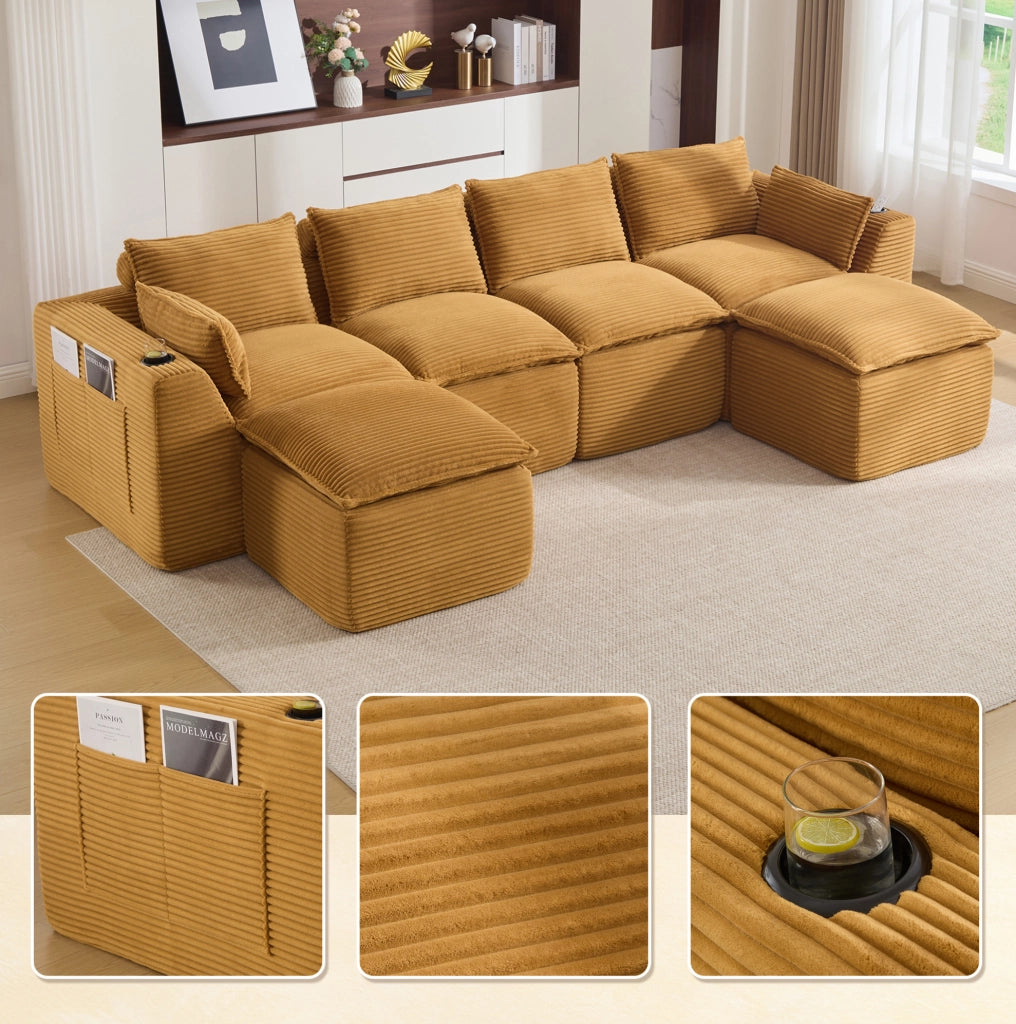 Divano modulare 4 posti 322x161x75 cm in tessuto arancione con 2 pouf