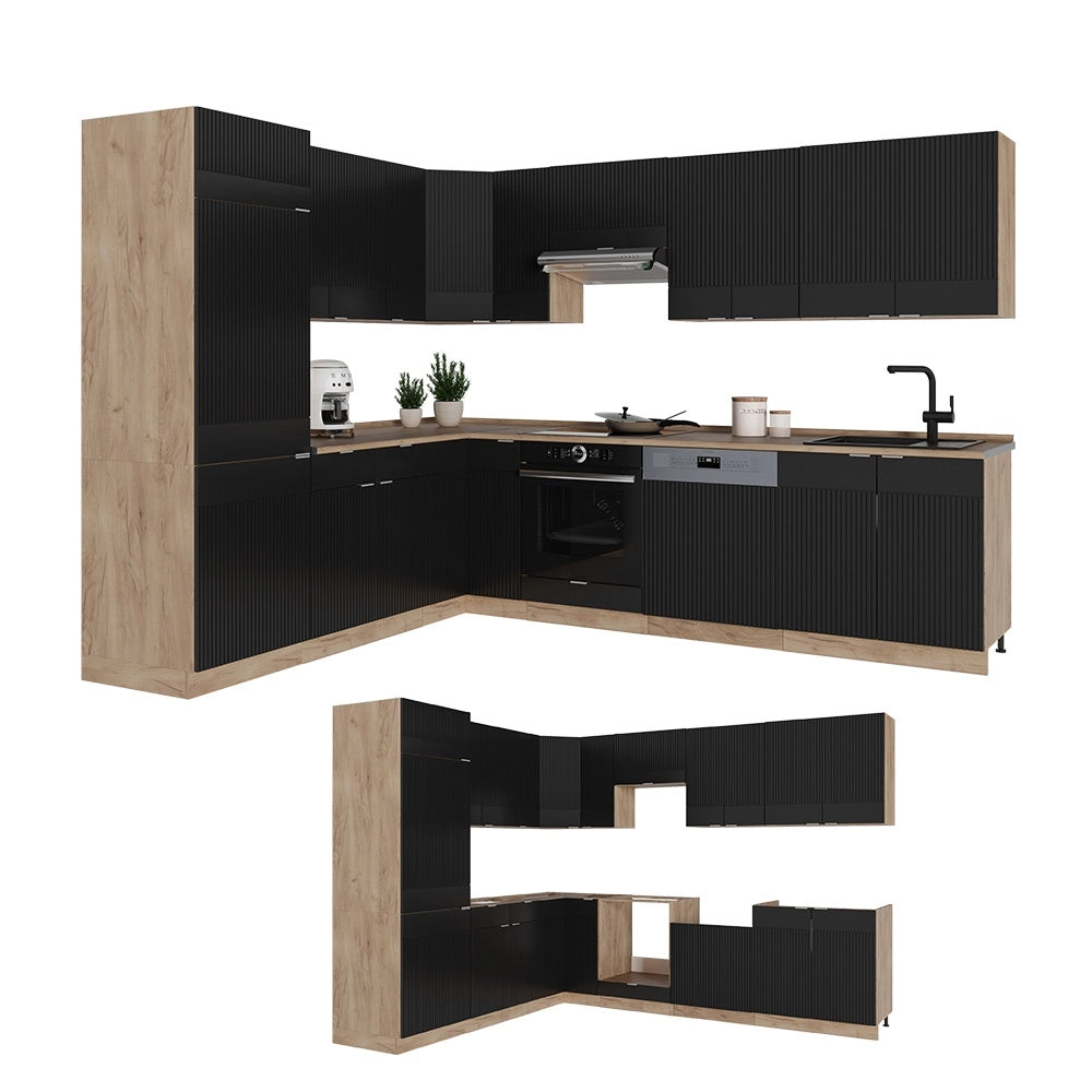 Cucina angolare completa Fame-Line Nero rigato/Rovere dorato 287 x 227 cm, PL Antracite Vicco