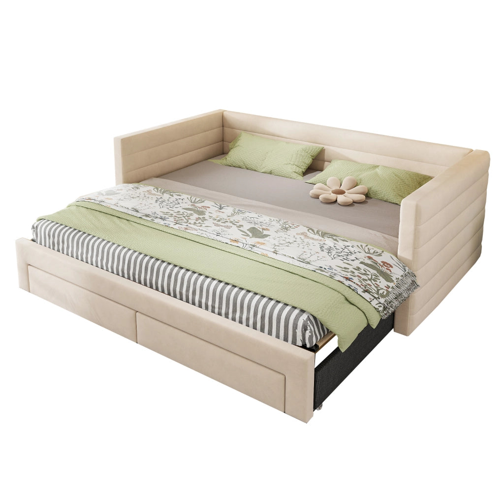 Divano letto beige 207x189x74 cm in cotone e lino con 2 cassetti, senza materasso