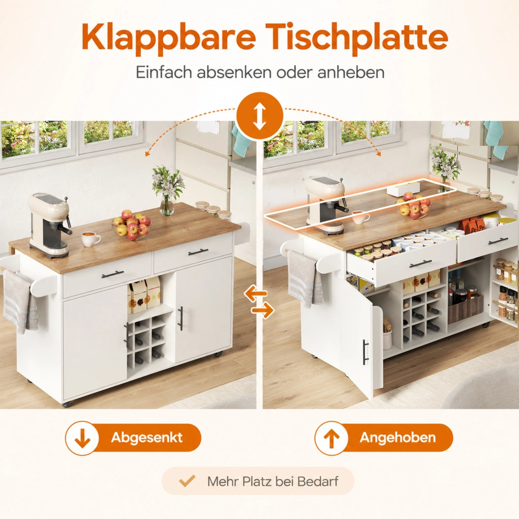 Isola cucina mobile 120x45x84 cm con piano pieghevole; 2 cassetti; portabottiglie e ruote; bianca