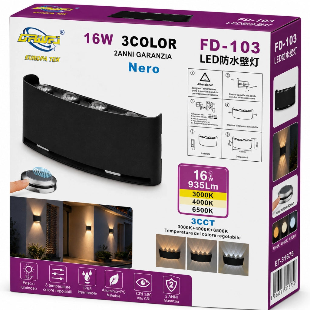 APPLIQUE LED 16W LAMPADA PARETE IP65 ESTERNO 3000K 4000K 6000K NERO ET-31675