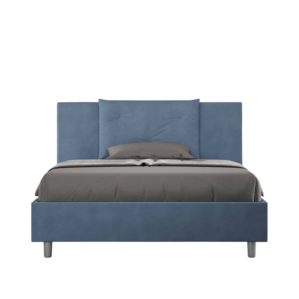 BS COM Letto matrimoniale francese con rete imbottito 140x190 microfibra blu