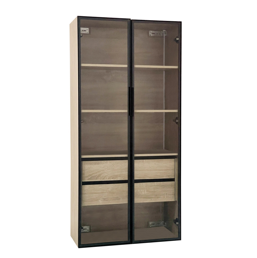 Set di 2 Armadietti da Bagno con LED, 73 cm, 2 Cassetti e 2 Porte in Vetro Satinato Marrone Chiaro