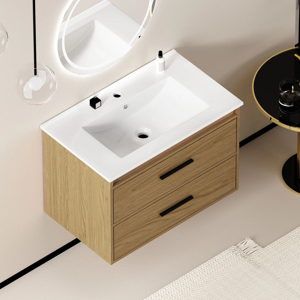 Armadietto da bagno con 2 cassetti in MDF e ceramica rovere chiaro larghezza 75 cm