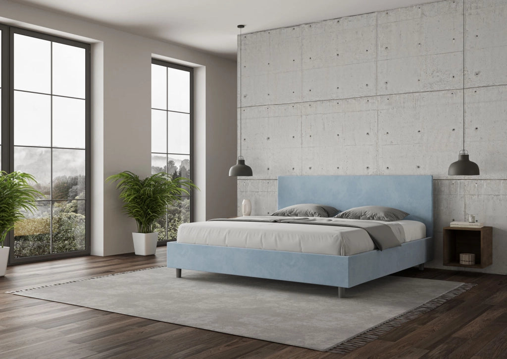 BS COM Letto matrimoniale king size contenitore imbottito 200x210 microfibra azzurro