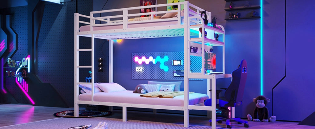 Letto a castello 90 × 200 cm con scrivania LED USB in metallo e MDF bianco con ripiani e scala