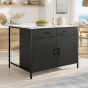Stehtisch nero con piano effetto marmo, 100 x 90 x 90 cm, in MDF con gambe in ferro, con cassetti e vani regolabili
