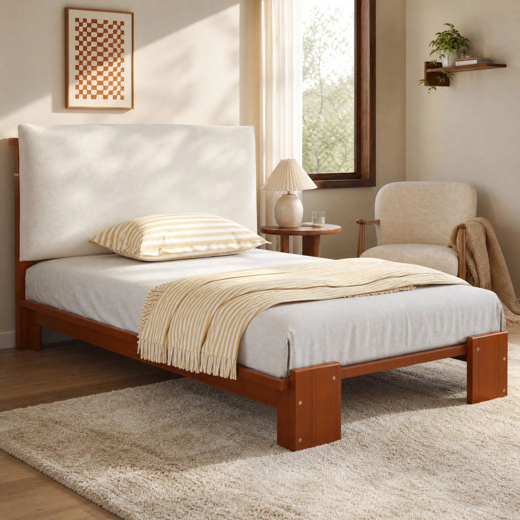 Letto singolo imbottito 90x200 cm con schienale e doghe; marrone scuro