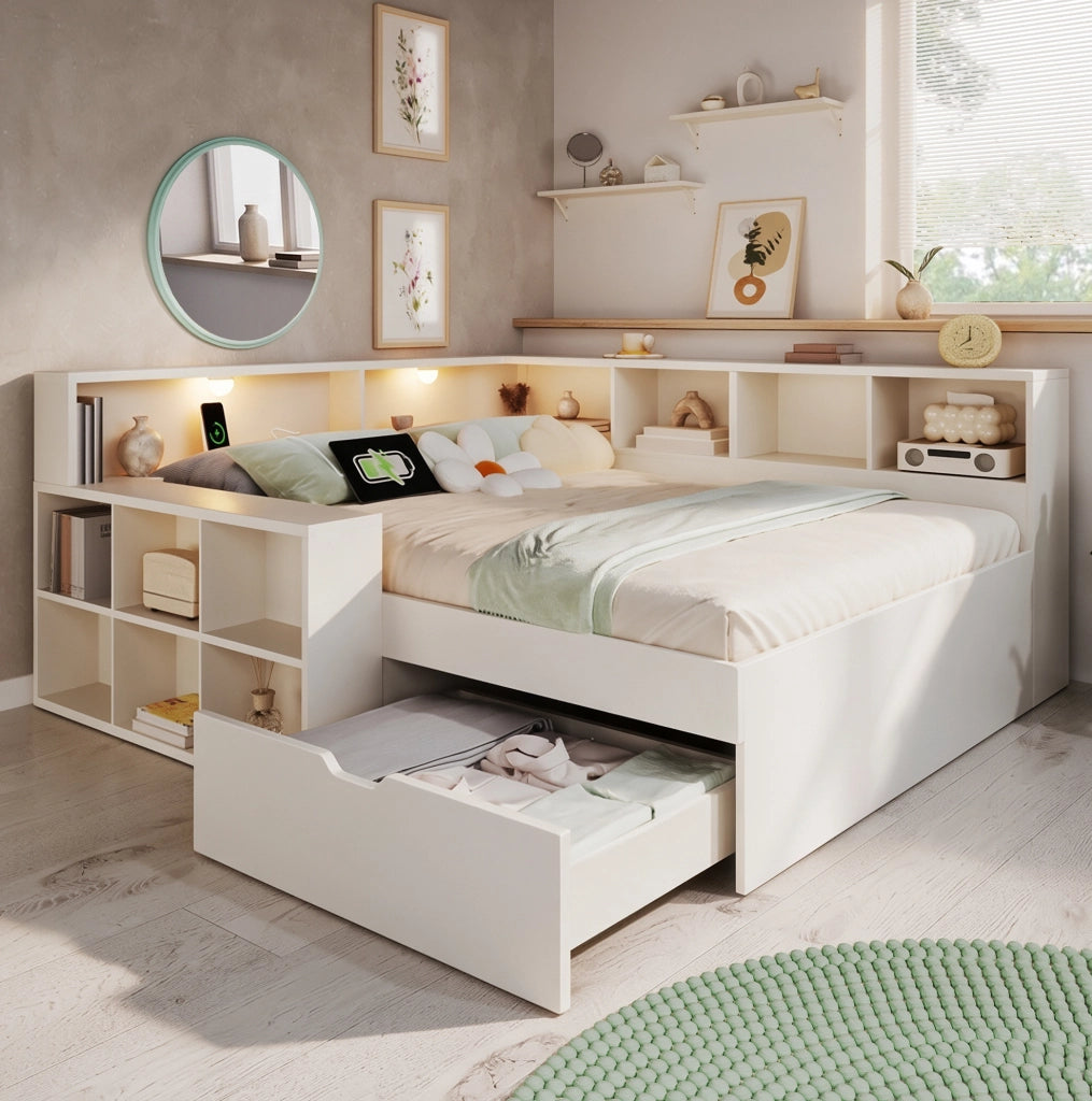 Letto matrimoniale 140x190 cm con contenitore; luci e porte USB/Type-C bianco HOMVRA