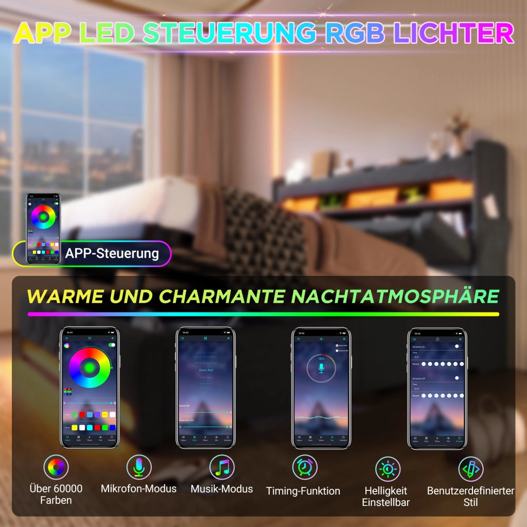 DESMIU Letto contenitore 160 × 200 cm 2 posti con LED, USB, Type C, senza materasso, grigio