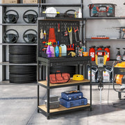 Banco da lavoro con pannello forato ganci cassetto e 3 ripiani struttura in acciaio e MDF nero portata 240 kg