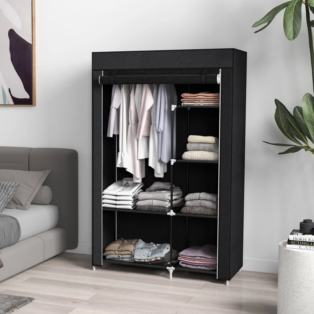Armadio in tessuto con 6 ripiani e barra appendiabiti con zip per camera da letto struttura in acciaio nero 103 × 43 × 162,5 cm