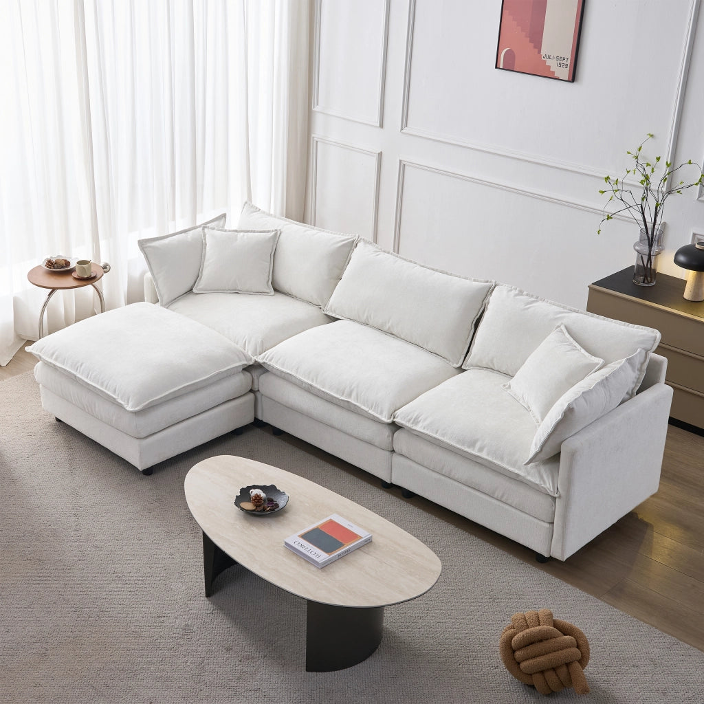 Divano angolare modulare 3 posti con pouf in ciniglia beige