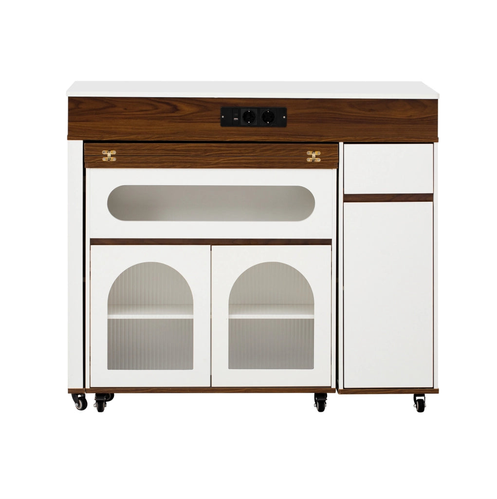 Isola cucina con ruote e tavolo allungabile, mobile con cassetto e prese elettriche, MDF bianco e finiture noce, dimensioni 50,5-187,5×110,5×95,5 cm