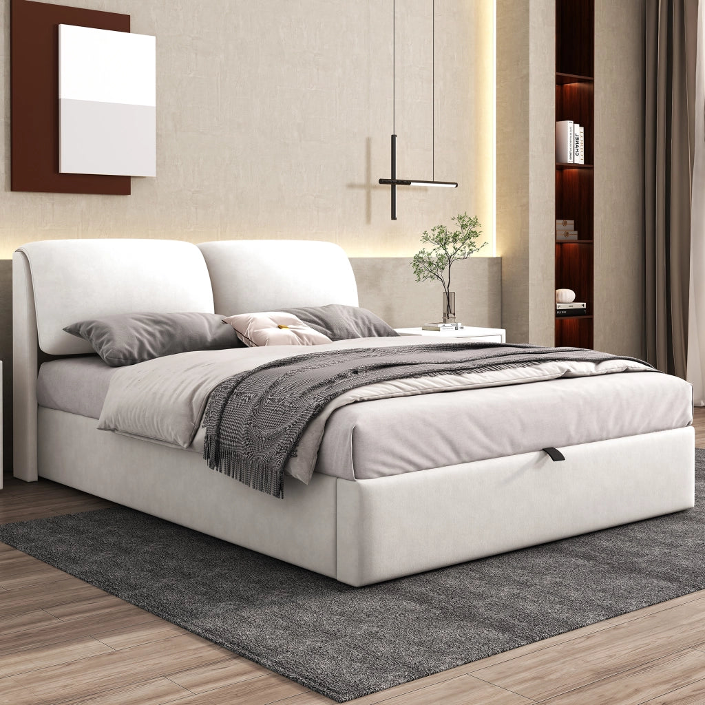 Letto matrimoniale contenitore 140 × 200 cm con tre cassetti in velluto beige e testiera regolabile