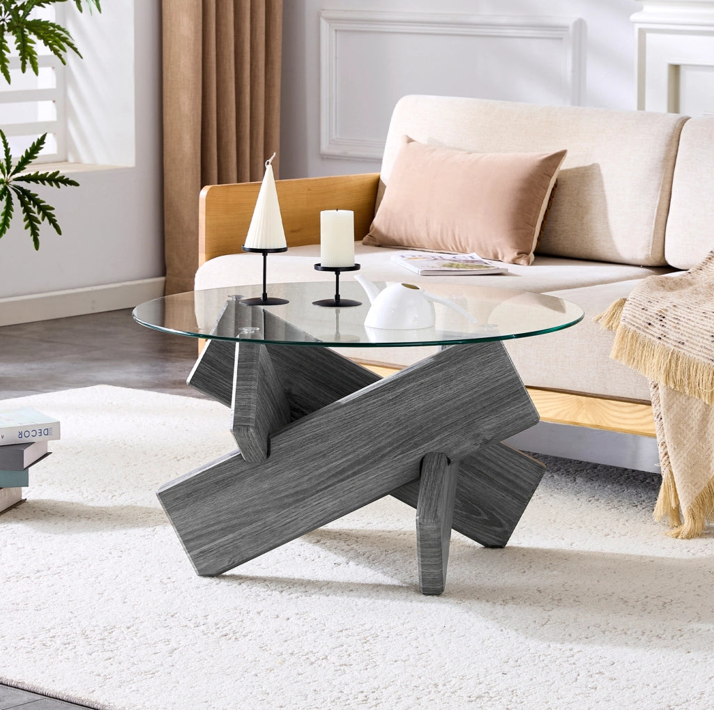 Tavolino da caffè rotondo ? 79 cm in vetro e MDF grigio; supporto incrociato