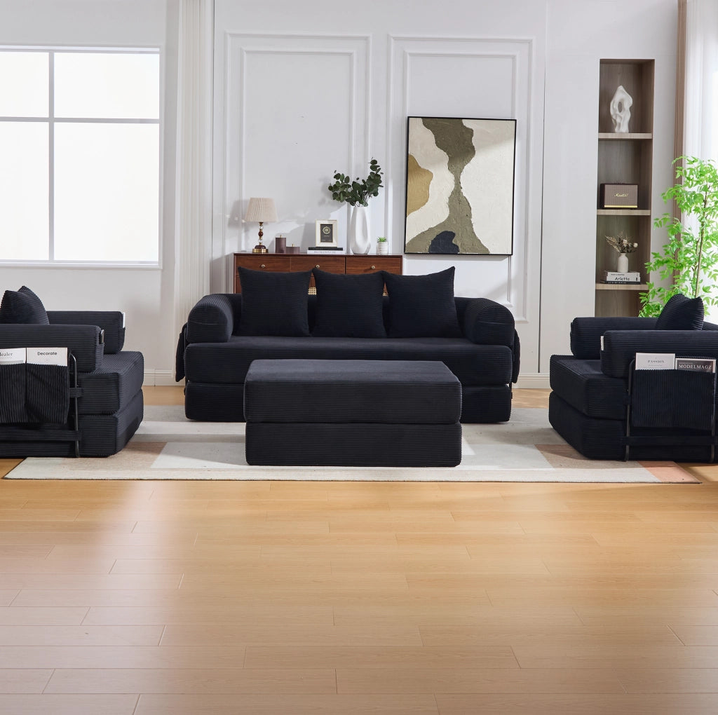 Divano modulare in velluto a coste nero con poltrona e pouf