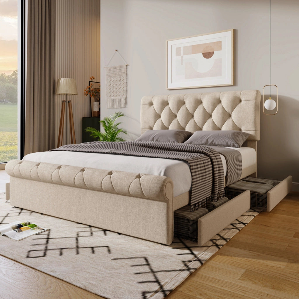 Letto Matrimoniale 140x200 cm; con 4 Cassetti e Testiera Regolabile in Tessuto Natural