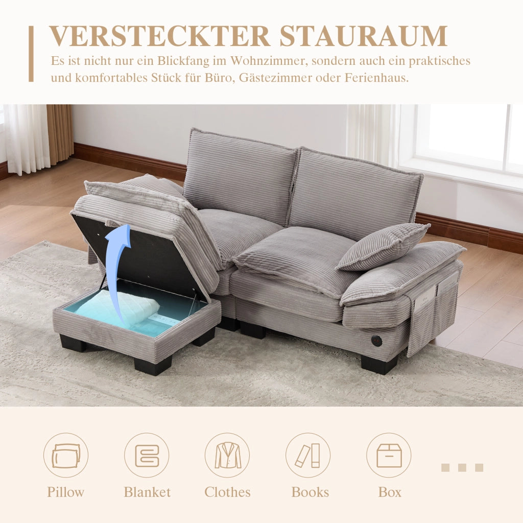 Divano lineare 2 posti con pouf contenitore e USB-C; in corduroy grigio chiaro