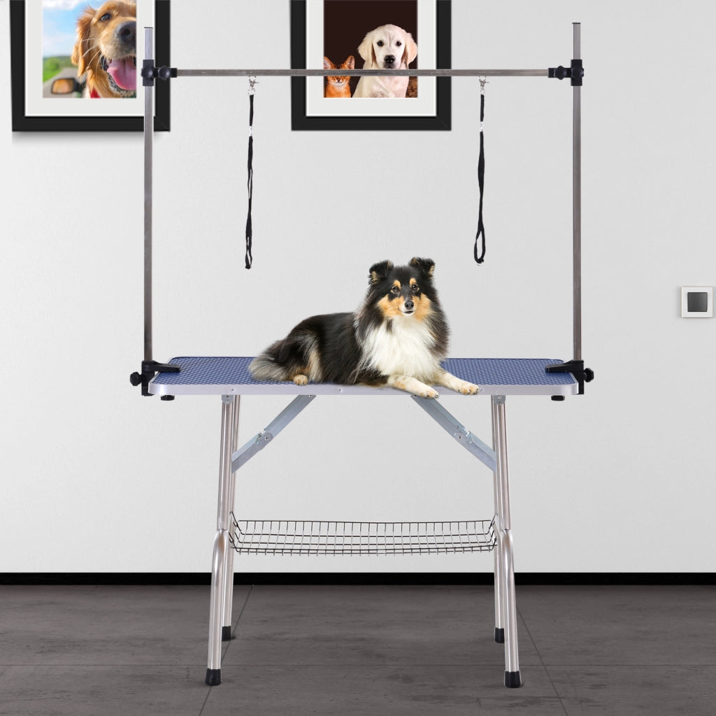 Tavolo da Toelettatura per Cani Regolabile in Altezza ¨C Xylo ¨C Pieghevole con Cestino Blu