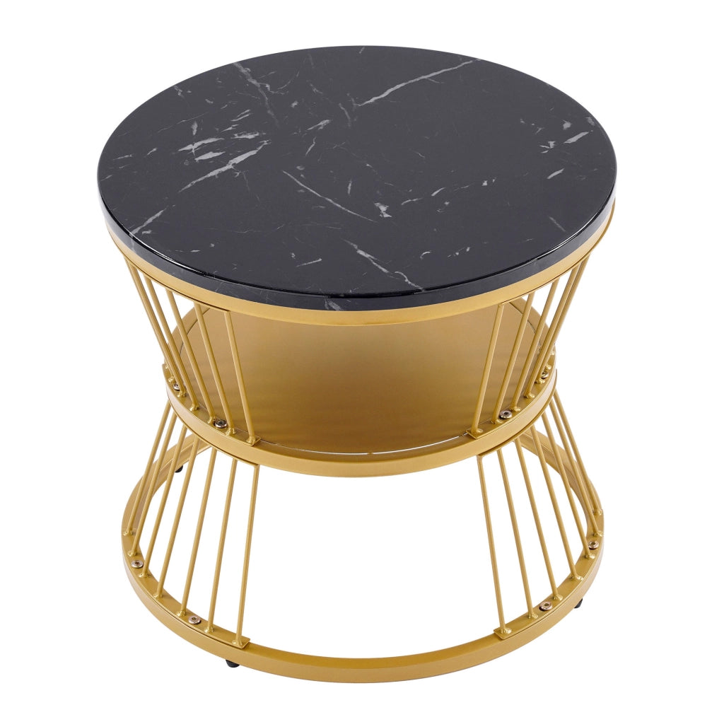 Set di 2 tavolini nesting rotondi in MDF effetto marmo nero; struttura oro