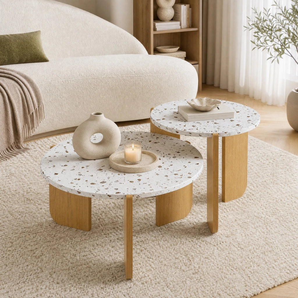 Tavolino da caffè componibile 2 pezzi in MDF; finitura naturale; 70x70x35 cm e 50x50x45;5 cm