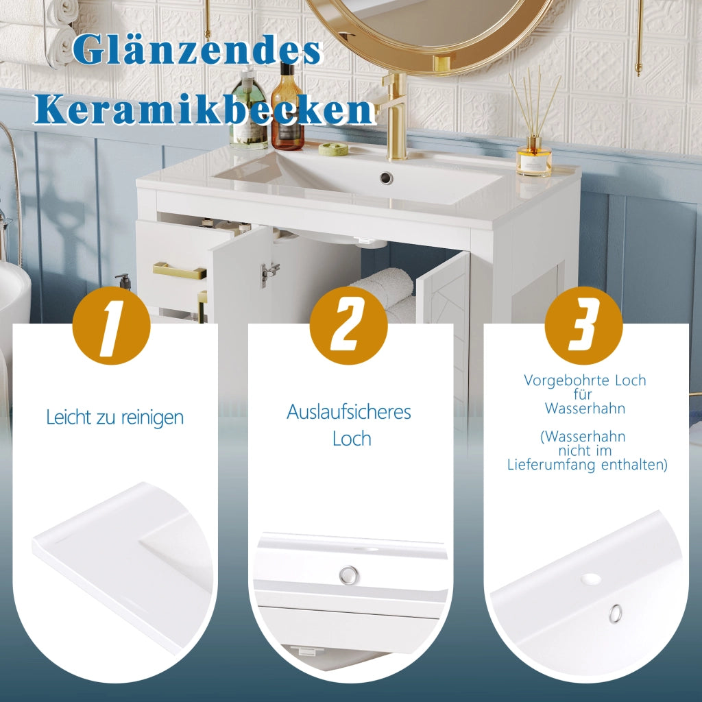 Mobiletto con lavabo in ceramica con 3 cassetti; 2 ante e ripiani laterali aperti bianco 76.5 × 46.5 × 84.5 cm