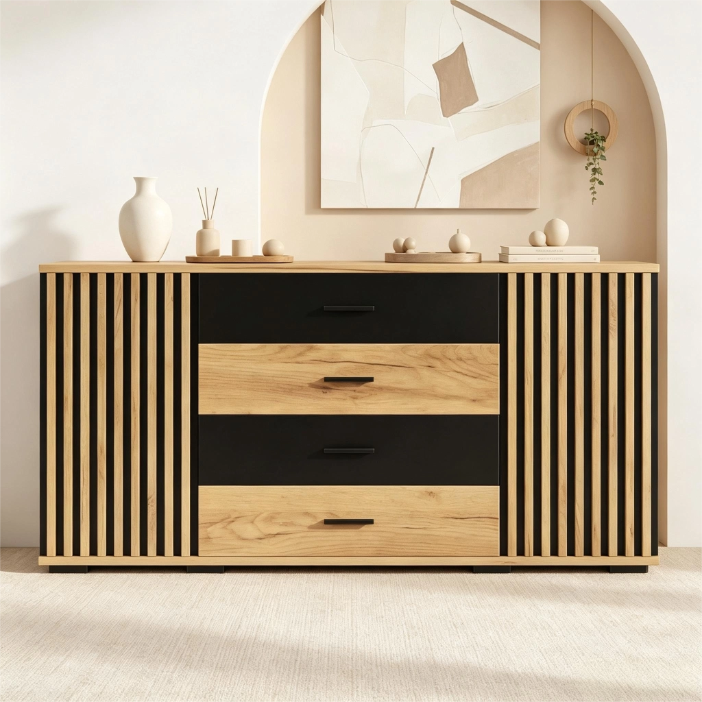 SIDEBOARD 140x35x70 cm in MDF nero e effetto rovere con 4 cassetti e 2 ante