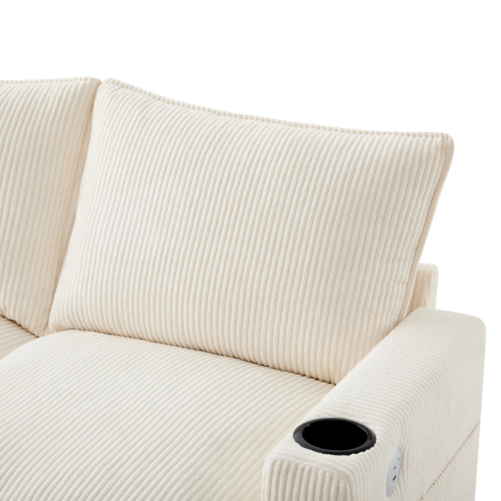 Divano modulare 5-6 posti con USB, contenitori e rivestimento in velluto a coste beige