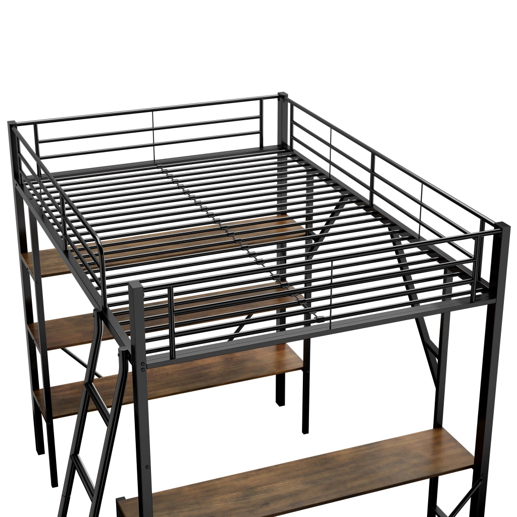 Letto a soppalco 90x200 cm con scrivania e 3 ripiani; struttura in metallo e MDF; nero