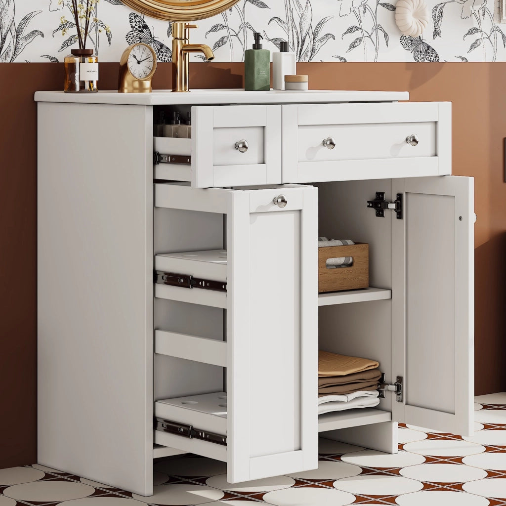Mobiletto con lavabo a terra in MDF laccato con 3 cassetti e lavabo in ceramica bianco 76 × 47 × 86 cm