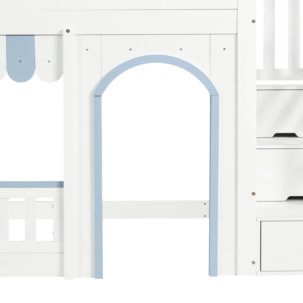 Letto a soppalco 90 × 200 cm con scala contenitore a tre gradini; rete a doghe e barriere; legno bianco e blu