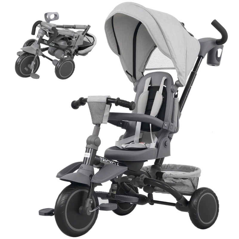 Triciclo per bambini, passeggino 6 in 1 per i pi¨´ piccoli, con maniglione, sedile regolabile, design pieghevole, rete di sicurezza, grigio