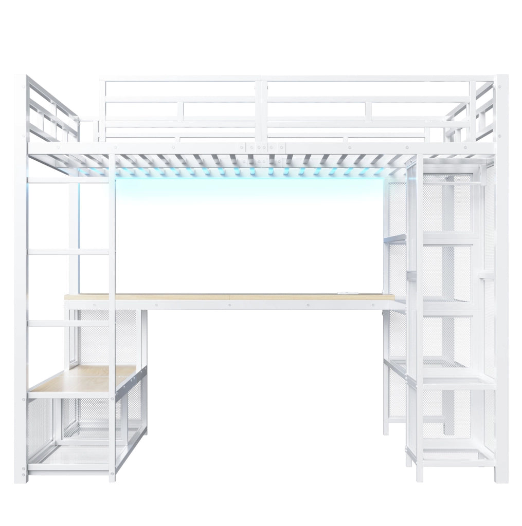 Letto a soppalco 140x200 cm con scrivania e LED in metallo e MDF bianco