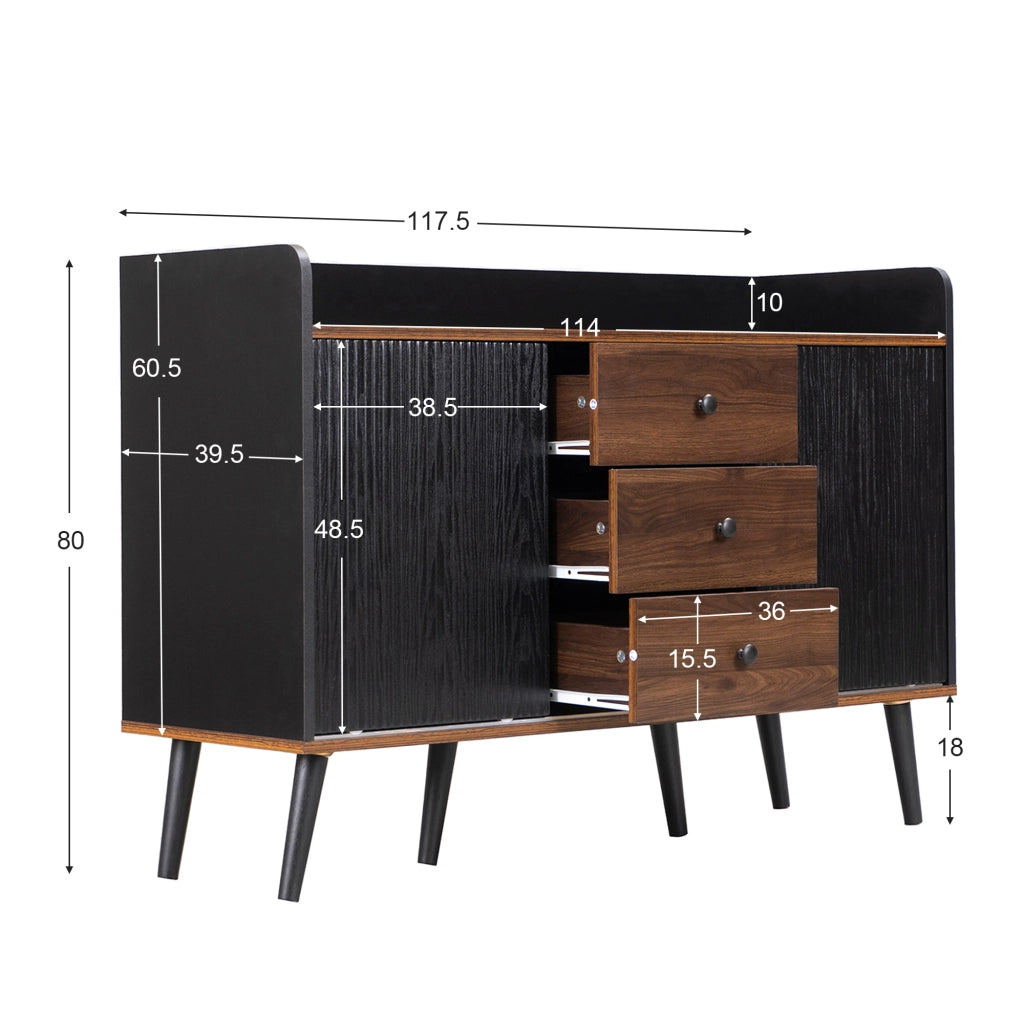 Credenza con 2 Ante Scorrevoli; 3 Cassetti e Ripiani Regolabili per Soggiorno in MDF 117.5×40×80 cm Nero