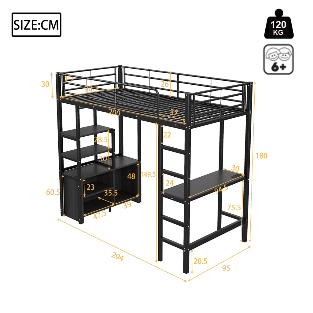 Letto a soppalco 90 × 200 cm con scrivania prese USB scaffali struttura in metallo e MDF nero