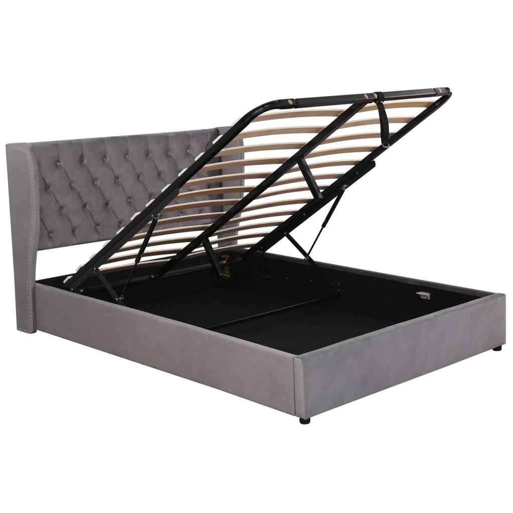 Letto imbottito contenitore in velluto grigio 197x146x99 cm