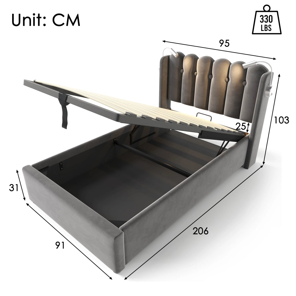 Letto singolo contenitore 90 × 200 cm in velluto grigio con luce da lettura USB rete a doghe e testiera