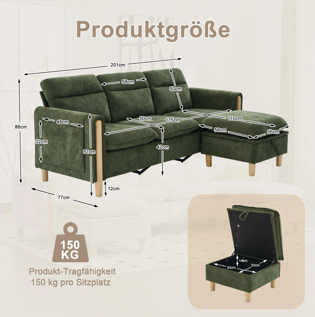Divano angolare a tre posti in chenille verde con poggiapiedi contenitore e gambe in legno, stile nordico