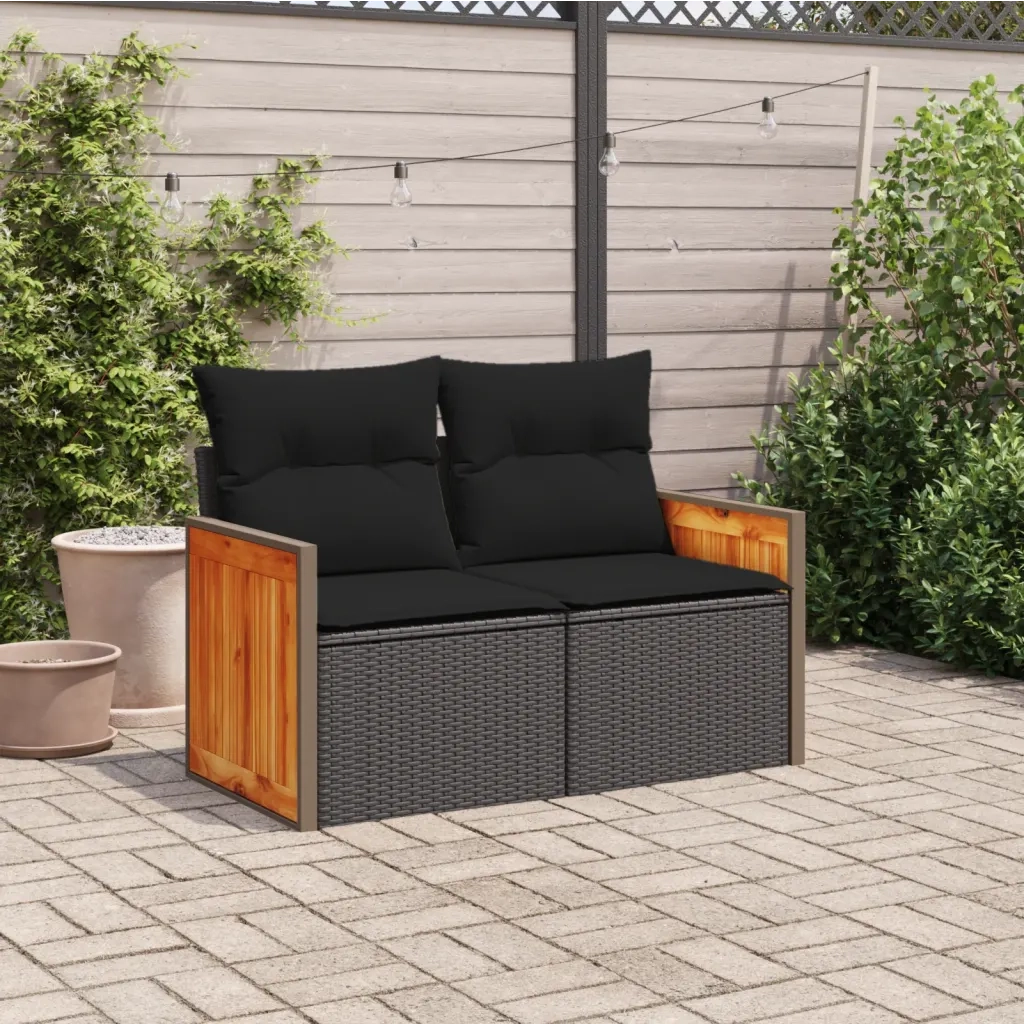 Divano da Giardino con Cuscini a 2 Posti Nero in Polyrattan 365979