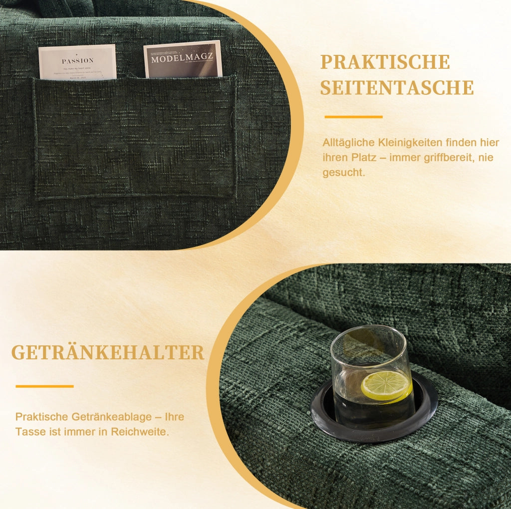 Divano modulare 3 posti in tessuto chenille verde scuro con poggiapiedi, cuscini, portabicchieri e tasche laterali