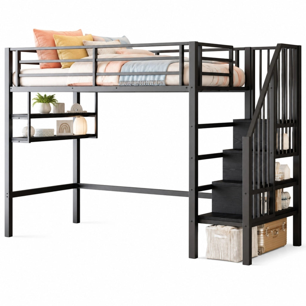Letto a soppalco 90x200 cm con ripiani e scala contenitore in metallo e MDF nero