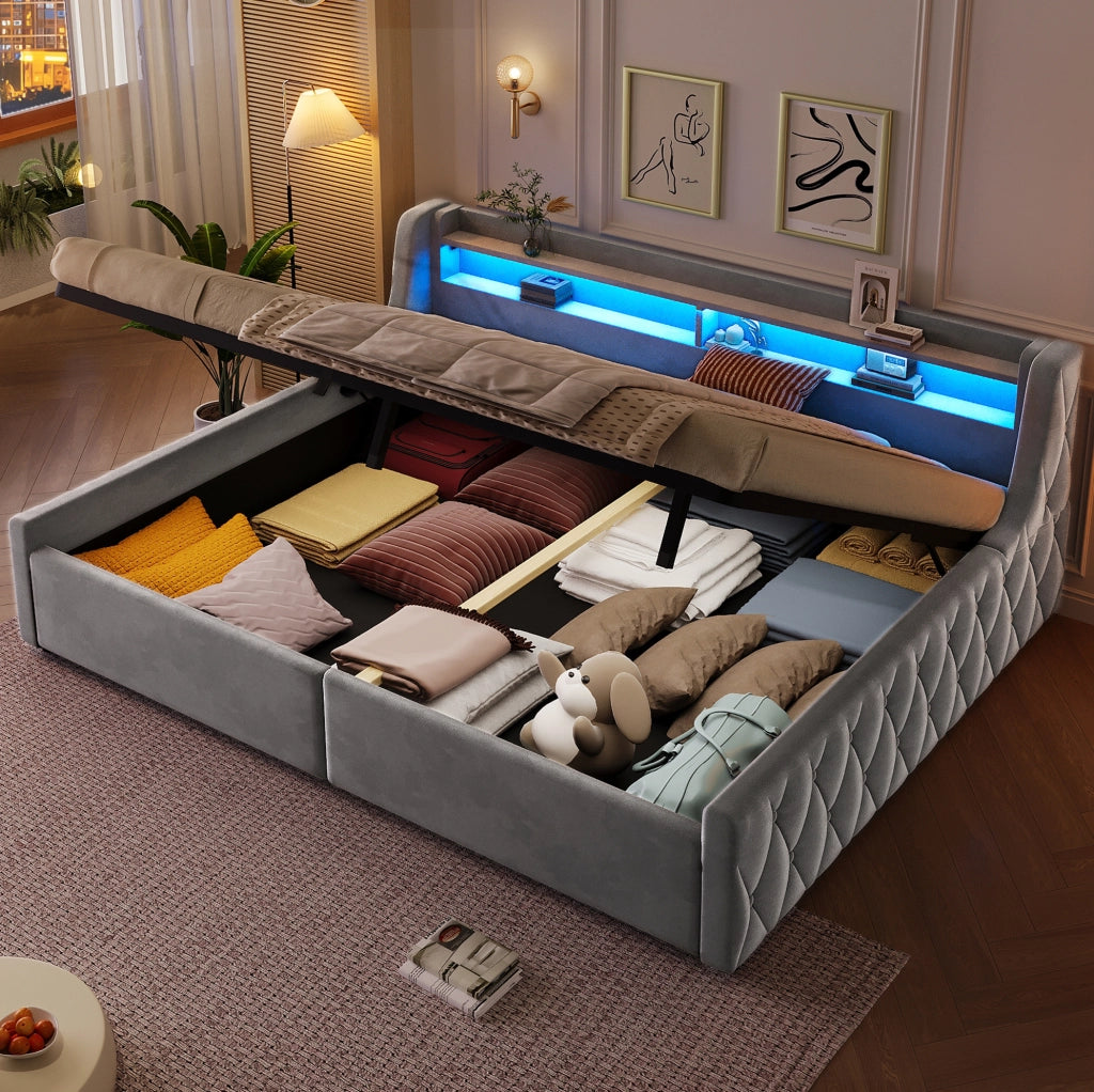 Letto imbottito grigio 140 x 200 cm con vano contenitore e testiera LED